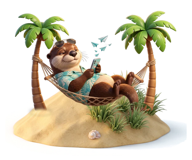 Otto dozing in a hammock strung between two palms on a little sand island while scheduled posts fly out of his phone