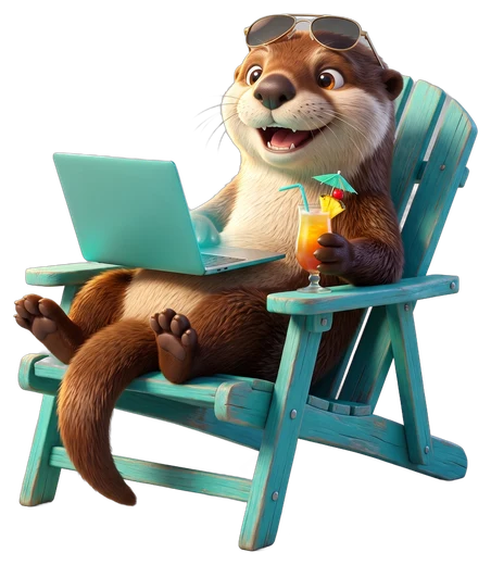 Otto the otter working from a teal beach chair, laptop open, drink on the armrest