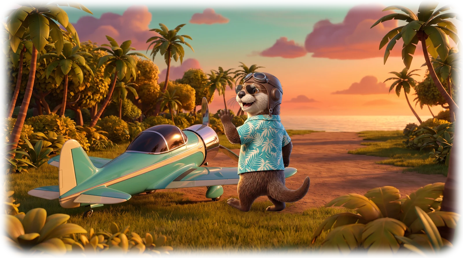 Otto the otter in a pilot's cap, waving beside a small seaplane at sunset