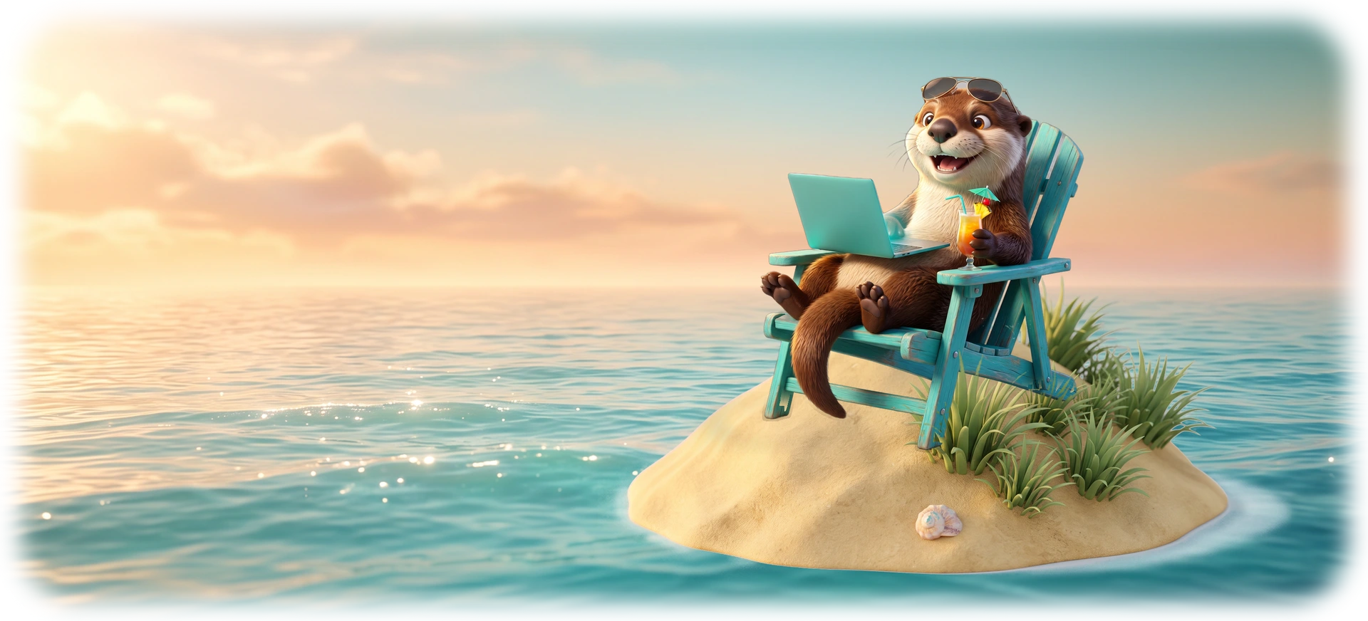 Otto the otter, the Socials Autopilot mascot, relaxing in a beach chair on a tiny sand island with a laptop while his marketing runs itself